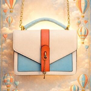 Aldo Small White and Blue Color Block Handbag with Gold Accents